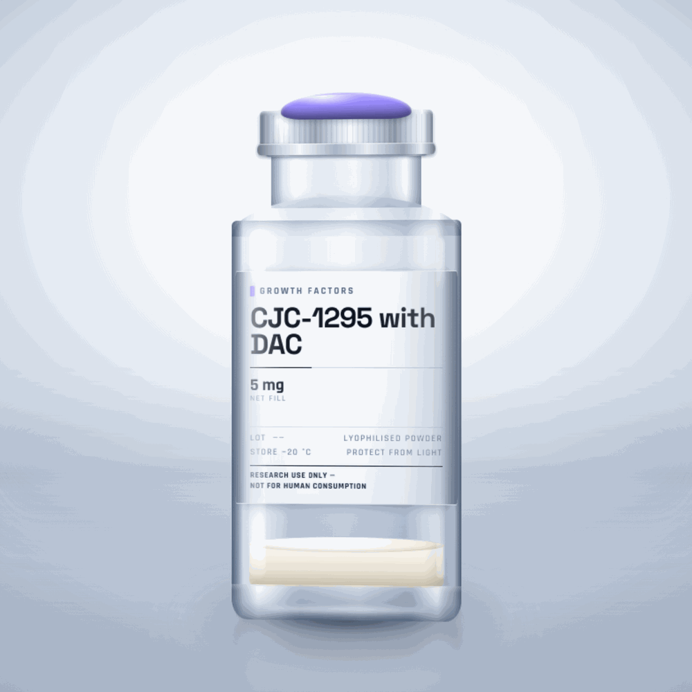 CJC-1295 with DAC 5mg vial — clear glass research-compound vial with an aluminium crimp cap,  purity, labelled for laboratory research use only